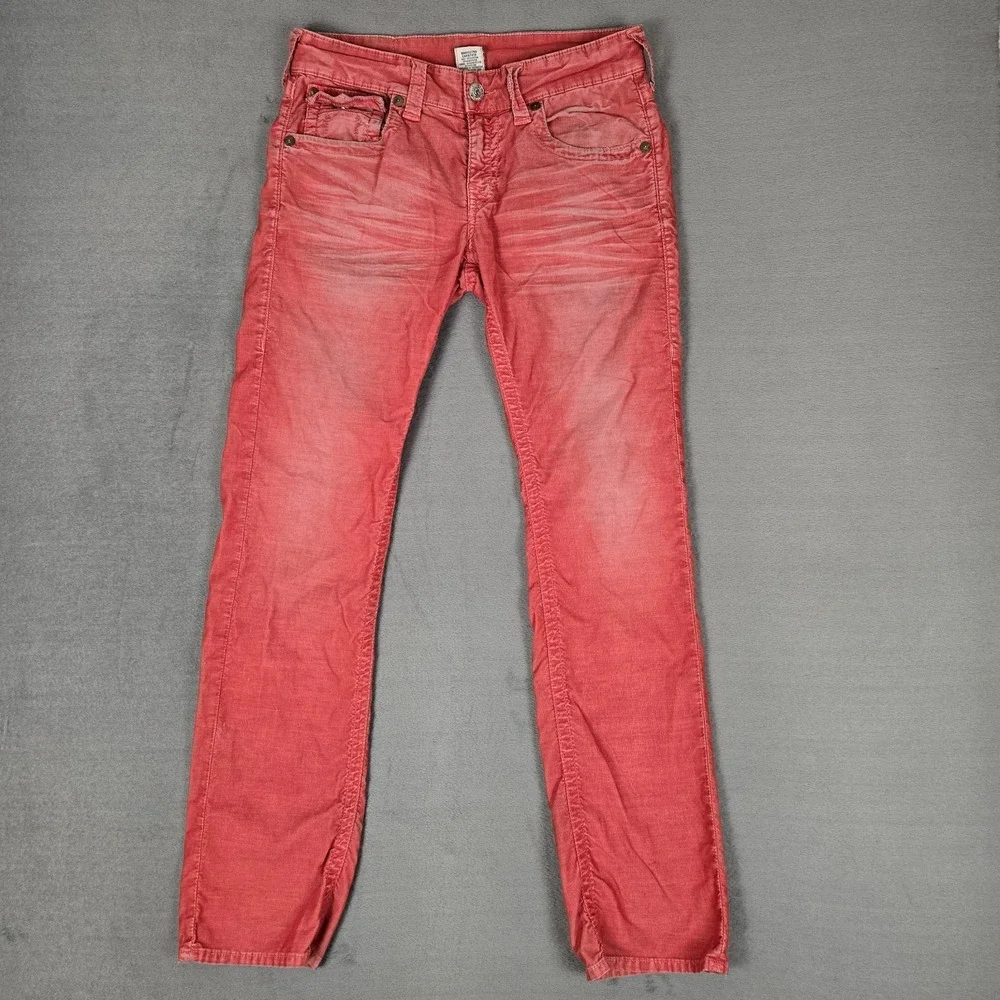 True Religion Ricky Relaxed Straight Jeans Mens 30x32 Flap Red Corduroy Y2K